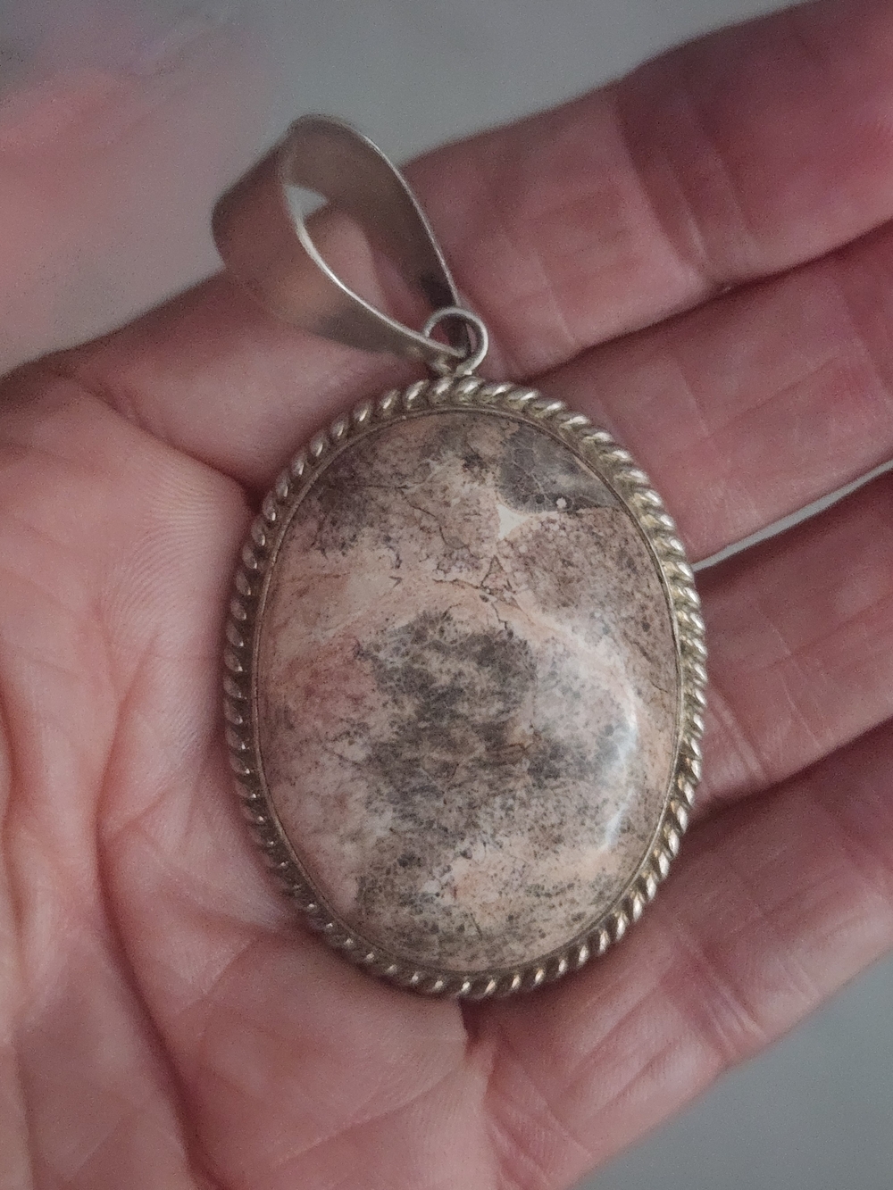 Taxco Sterling Silver Oval Pink and Grayish Green Jasper Pendant Necklace
